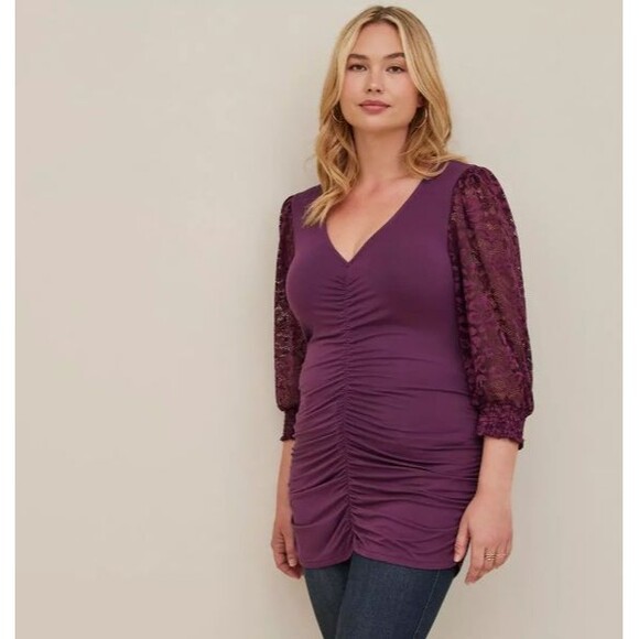 Torrid Super Soft Knit Top Women's 3X Wine Purple Lace Bishop Sleeves Stretchy - Picture 2 of 12